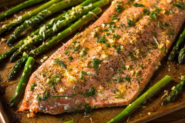 Homemade Roasted Salmon Filet Asparagus Garlic Dill — Stock Photo, Image