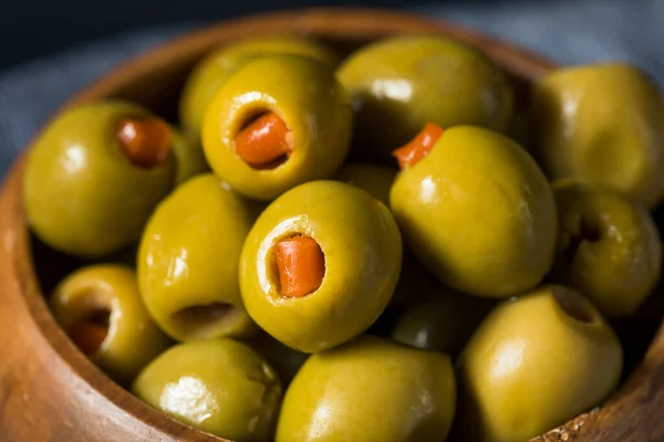 Organické Zelené Konzervované Olivy Pimento Misce — Stock fotografie