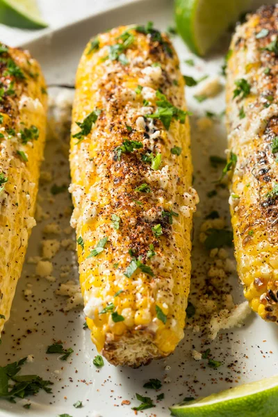 Homemade Spicy Elote Mexican Street Corn Mayo Lime Cheese — Stock Photo, Image