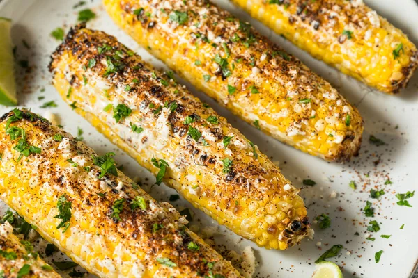 Homemade Spicy Elote Mexican Street Corn Mayo Lime Cheese — Stock Photo, Image