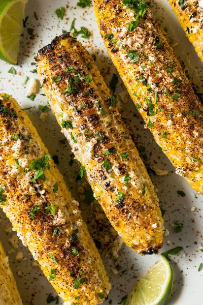 Homemade Spicy Elote Mexican Street Corn Mayo Lime Cheese — стокове фото