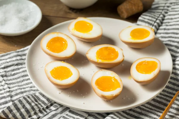 Homemade Unami Soy Sauce Eggs Sea Salt — стокове фото