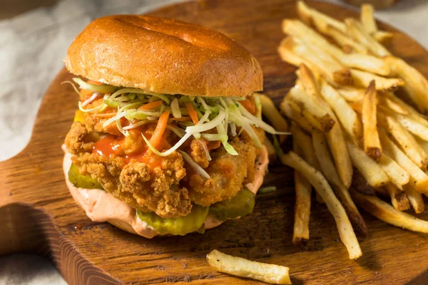 Homemade Spicy Fried Chicken Sandwich French Fries — Stock Photo, Image