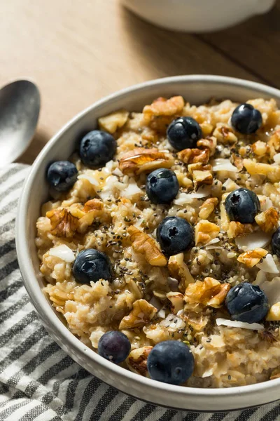 Hausgemachtes Gesundes Frühstück Haferflocken Mit Nüssen Blaubeeren Und Chia — Stockfoto