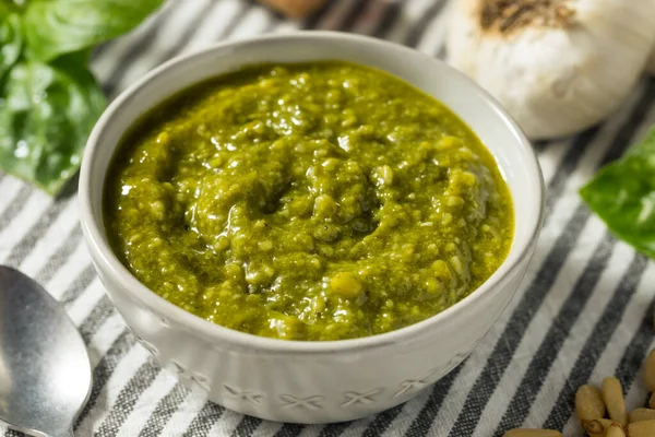 Fresh Green Organic Basil Pesto Sauce Parmesan Pine Nuts — Stock Photo, Image