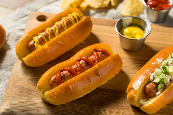 Healthy Homemade Turkey Hot Dogs Ketchup Mustard Onion — Stock Photo, Image