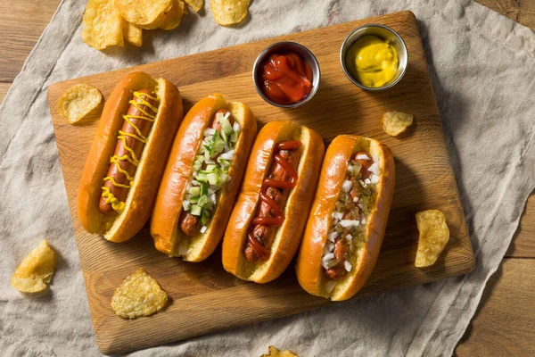 Cachorros Quentes Caseiros Saudáveis Turquia Com Ketchup Mostarda Cebola — Fotografia de Stock