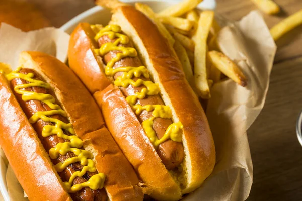 Házi Készítésű Hot Dog Mustárral Sült Krumplival — Stock Fotó