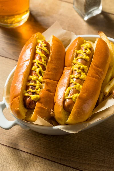 Cachorro Quente Caseiro Com Mostarda Batatas Fritas — Fotografia de Stock