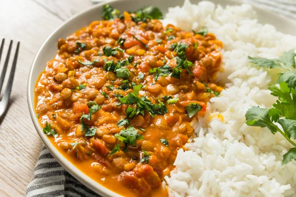 Hausgemachte Scharfe Indische Currylinsen Mit Reis Und Koriander — Stockfoto