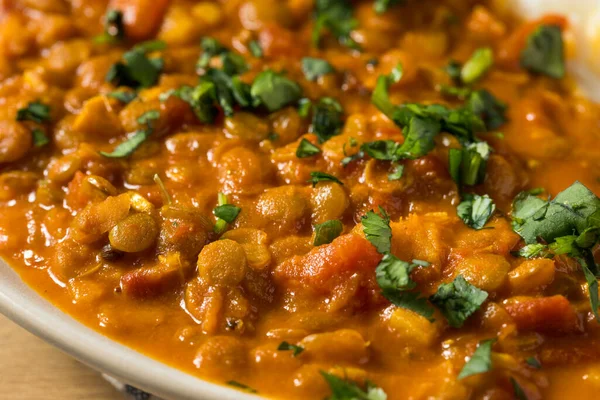 Lentilhas Caril Indiano Picante Caseiro Com Arroz Coentro — Fotografia de Stock