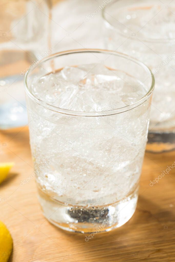Healthy Refreshing Sparkling Lemon Water with Ice Cubes