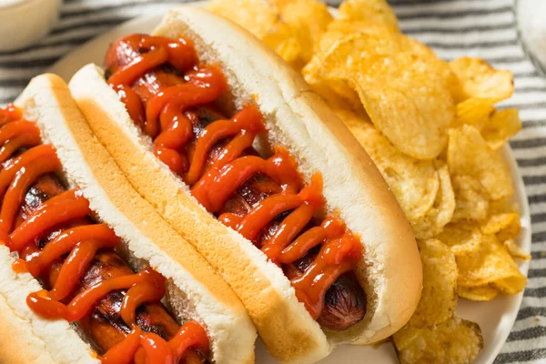 Amerikaanse Hotdog Met Ketchup Met Aardappelchips — Stockfoto