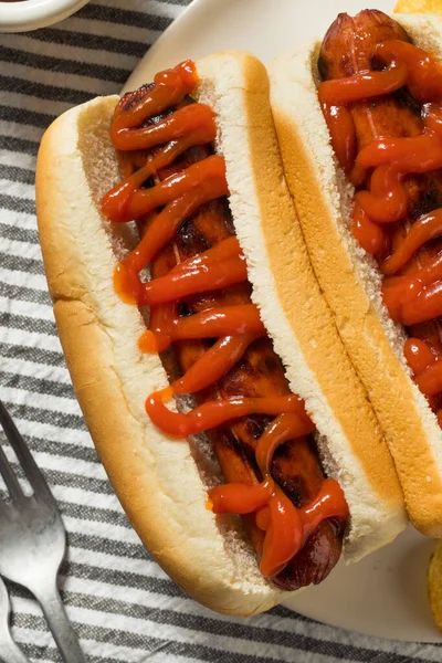 Amerikai Hot Dog Ketchuppal Burgonyaszirmokkal — Stock Fotó