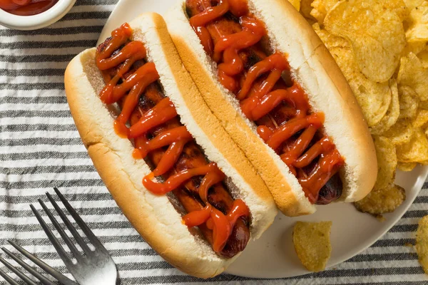 Amerikaanse Hotdog Met Ketchup Met Aardappelchips — Stockfoto