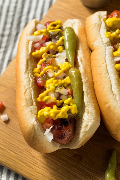 Homemade Chicago Style Hot Dog Fries Tomato Mustard Pepper — Stock Photo, Image