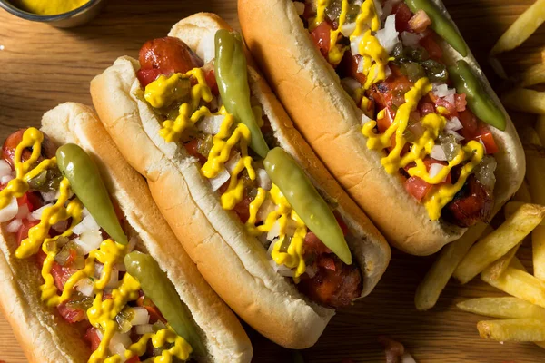 自制芝加哥风格的热狗和薯条配番茄芥末胡椒 — 图库照片