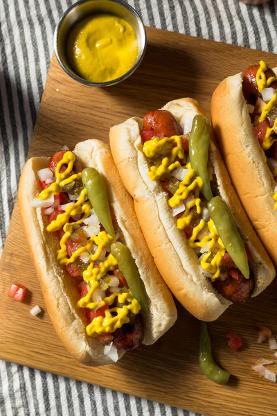 Homemade Chicago Style Hot Dog Fries Tomato Mustard Pepper — Stock Photo, Image