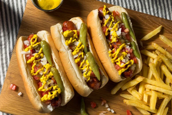 Domácí Chicago Styl Hot Dog Hranolky Rajčatovou Hořčicí Pepř — Stock fotografie