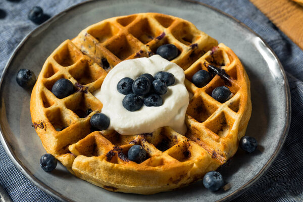 Homemade Warm Blueberry Belgian Waffles with Whipped Cream