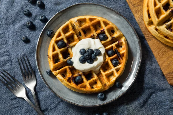 Homemade Warm Blueberry Belgian Waffles Whipped Cream — Stock Photo, Image