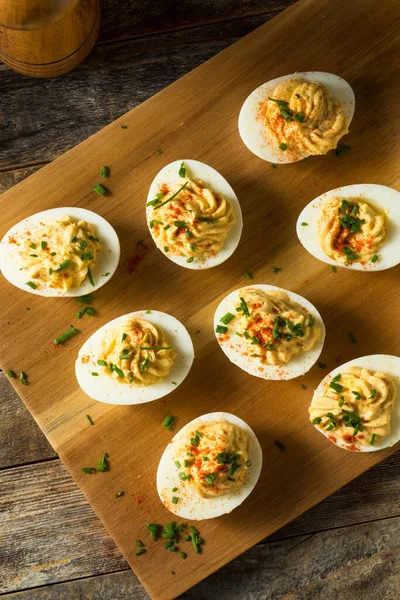 Cooked Organic Hard Boiled Eggs Chives Paprika — Stock Photo, Image