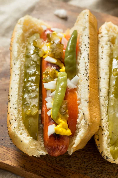 Zelfgemaakte Chicago Style Hot Dogs Met Mosterd Genieten Van Schelp — Stockfoto