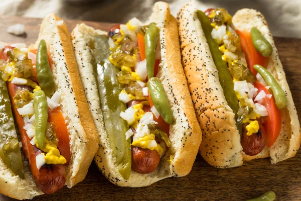 Homemade Chicago Style Hot Dogs Mustead Relish Onion Pickle — 스톡 사진