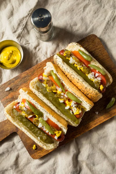 Yapımı Chicago Stili Sosisli Hardal Lezzetli Soğan Pickle — Stok fotoğraf