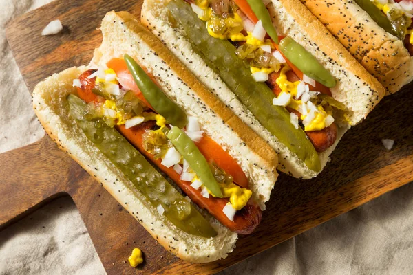 Buatan Sendiri Chicago Style Hot Dogs Dengan Mustard Relish Onion — Stok Foto
