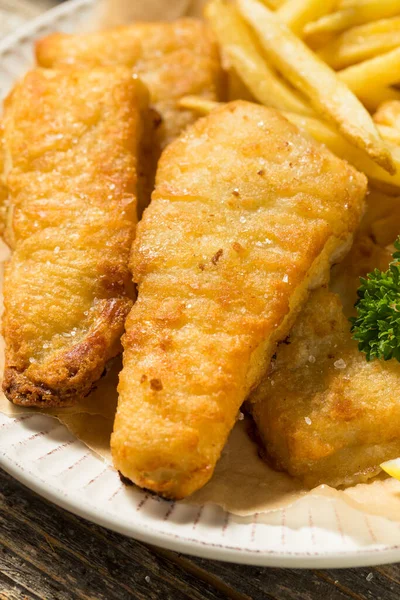 Homemade British Fish Chips Tartar Lemon — Stock Photo, Image