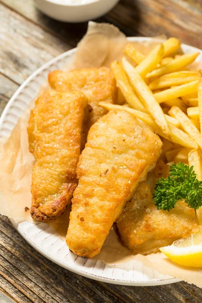 Fatto Casa British Fish Chips Con Tartaro Limone — Foto Stock