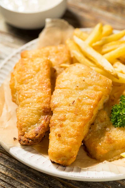 Fatto Casa British Fish Chips Con Tartaro Limone — Foto Stock