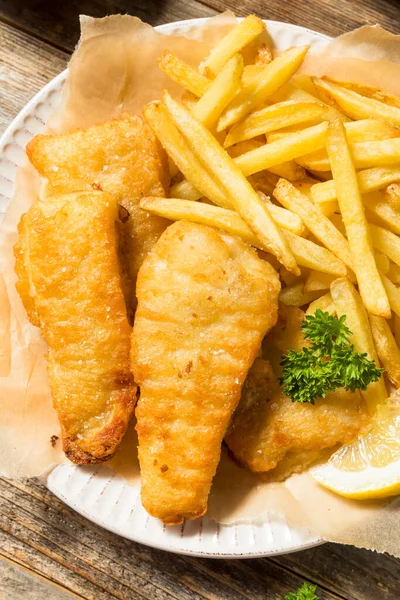 Fatto Casa British Fish Chips Con Tartaro Limone — Foto Stock