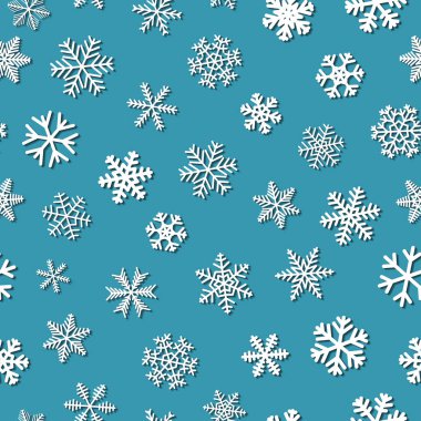 Gölgeler, ışık mavi arka plan üzerinde beyaz kar tanesi Noel seamless modeli