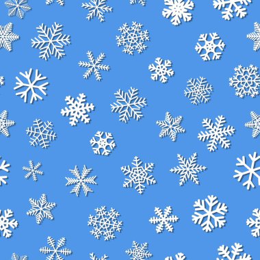 Gölgeler, ışık mavi arka plan üzerinde beyaz kar tanesi Noel seamless modeli
