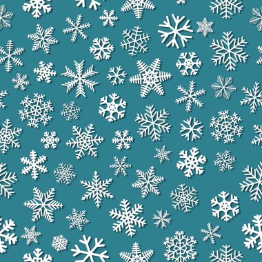 Gölgeler, ışık mavi arka plan üzerinde beyaz kar tanesi Noel seamless modeli