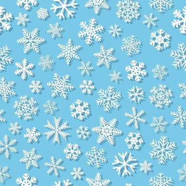 Gölgeler, ışık mavi arka plan üzerinde beyaz kar tanesi Noel seamless modeli