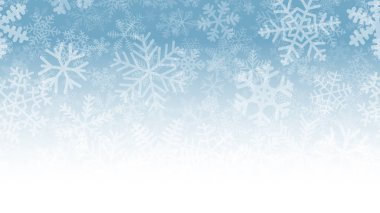 Birçok farklı şekil, boyut ve şeffaflık kar taneleri katmanların Noel Illustration. Degrade arka plan açık mavi beyaz.
