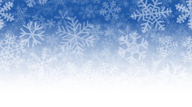 Birçok farklı şekil, boyut ve şeffaflık kar taneleri katmanların Noel Illustration. Degrade arka plan üzerinde mavi beyaz.
