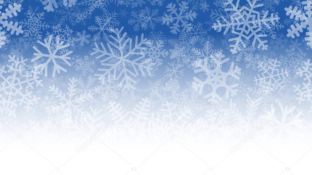 Christmas illustration of many layers of snowflakes of different shapes, sizes and transparency. On gradient background from blue to white.