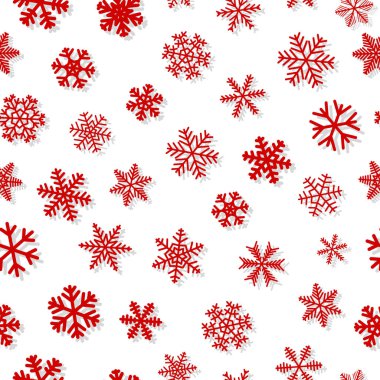 Kar taneleri, beyaz zemin üzerine kırmızı Noel seamless modeli