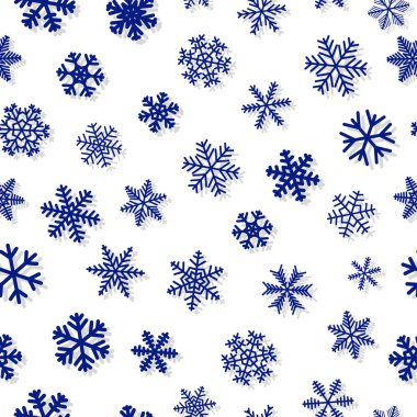 Kar taneleri, beyaz zemin üzerine mavi Noel seamless modeli