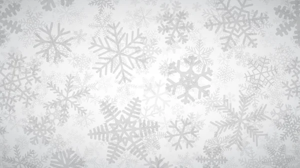 Різдво Фону Багатьма Шарами Сніжинки Різних Форм Розмірів Прозорості Сірого — стоковий вектор