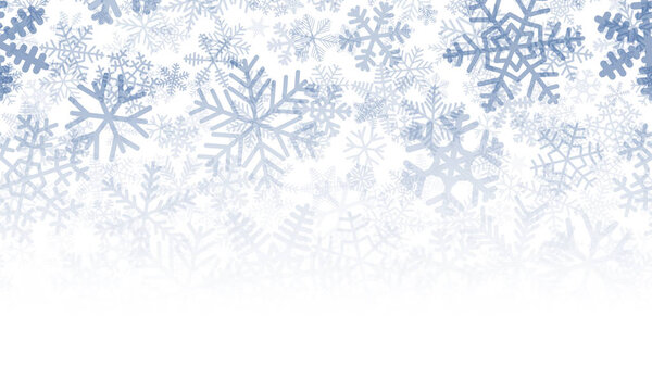 Christmas background of many layers of snowflakes of different shapes, sizes and transparency. Gradient from blue to white