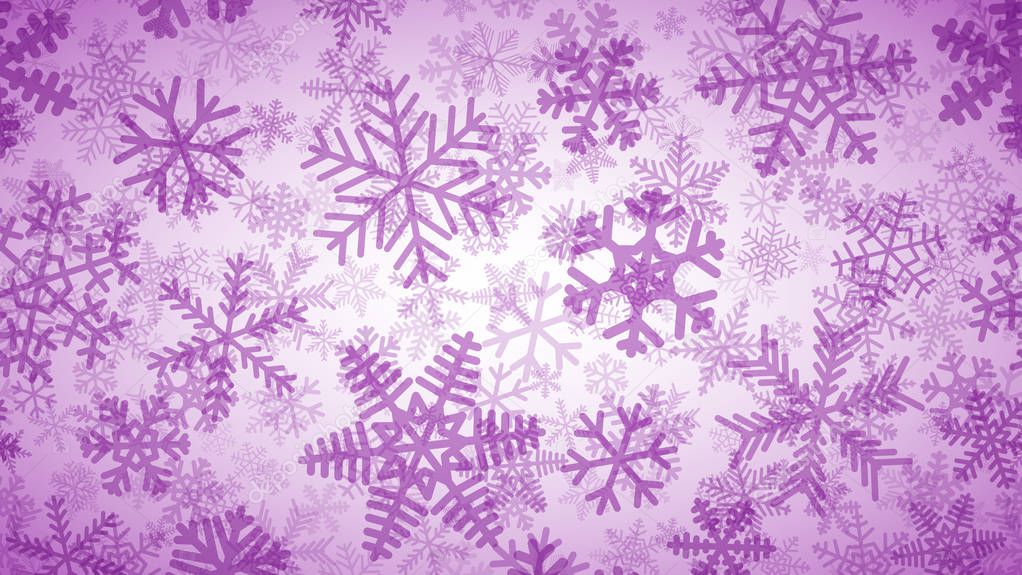 Christmas background of many layers of snowflakes of different shapes, sizes and transparency. Purple on white