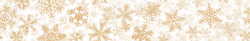 Christmas horizontal seamless banner of many layers of snowflakes of different shapes, sizes and transparency. Beige on white