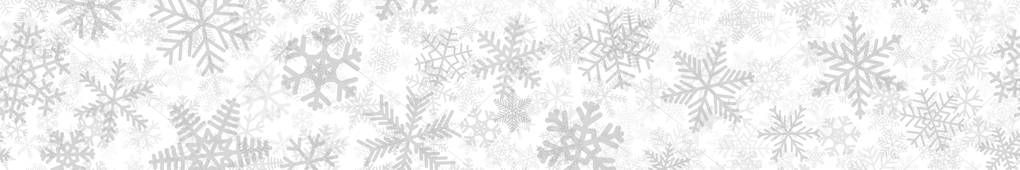 Christmas horizontal seamless banner of many layers of snowflakes of different shapes, sizes and transparency. Gray on white