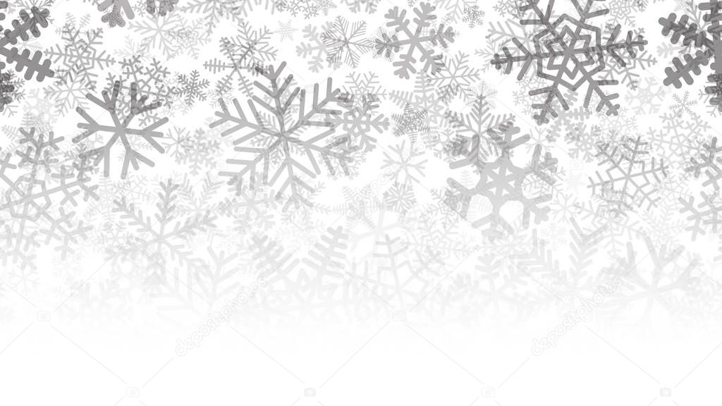 Christmas background of many layers of snowflakes of different shapes, sizes and transparency. Gradient from black to white