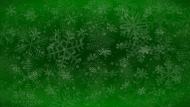 Farklı şekillerde kar tanelerinin Noel arkaplanı, boyutları ve saydamlığı yeşil renklerde.